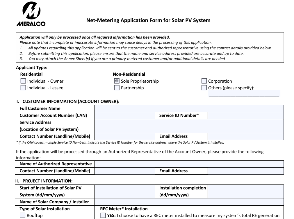 Meralco net metering application form prepared for a solar PV system